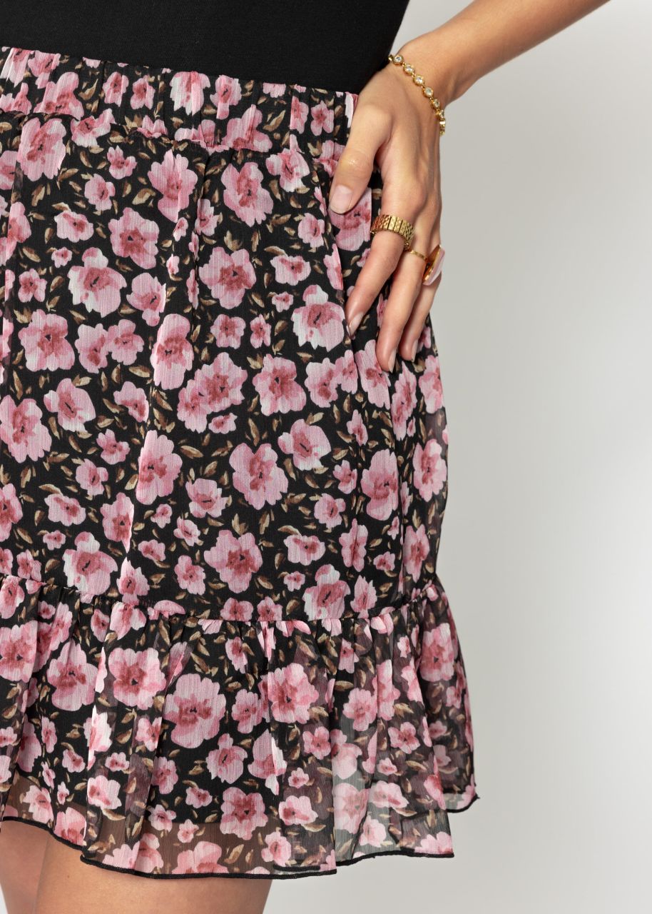 Ruffled skirt with floral print - black