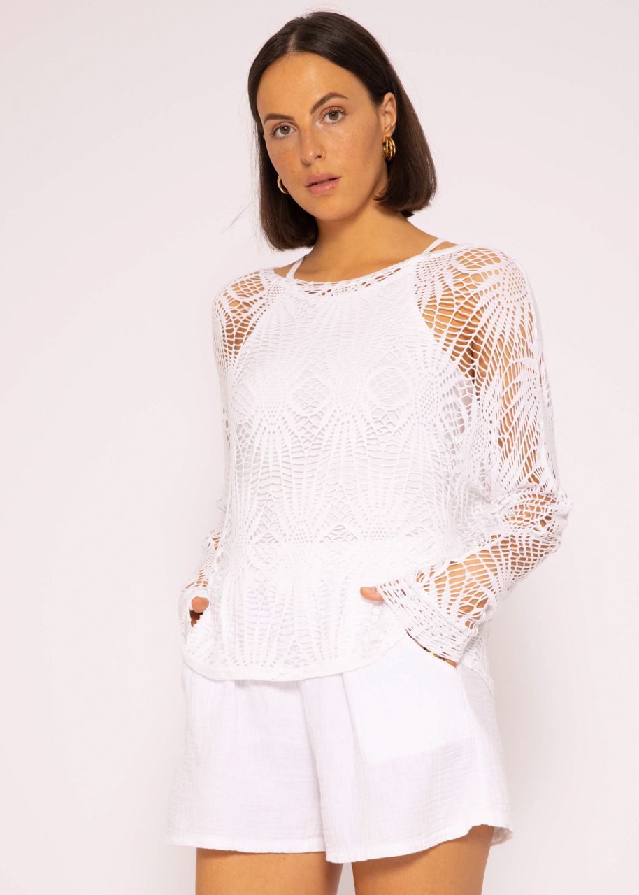 Long-sleeved shirt with lace pattern, white