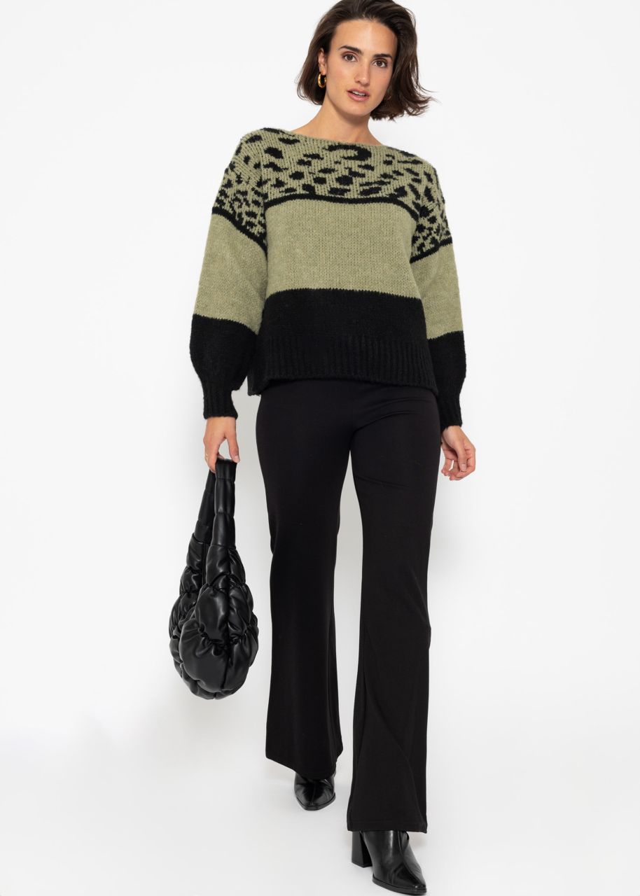 Oversized pullover with leo print - khaki-black