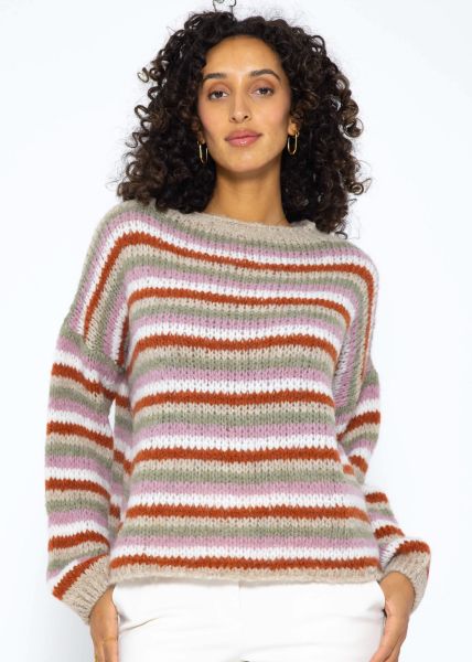 Round neck jumper with colourful striped stripes - beige