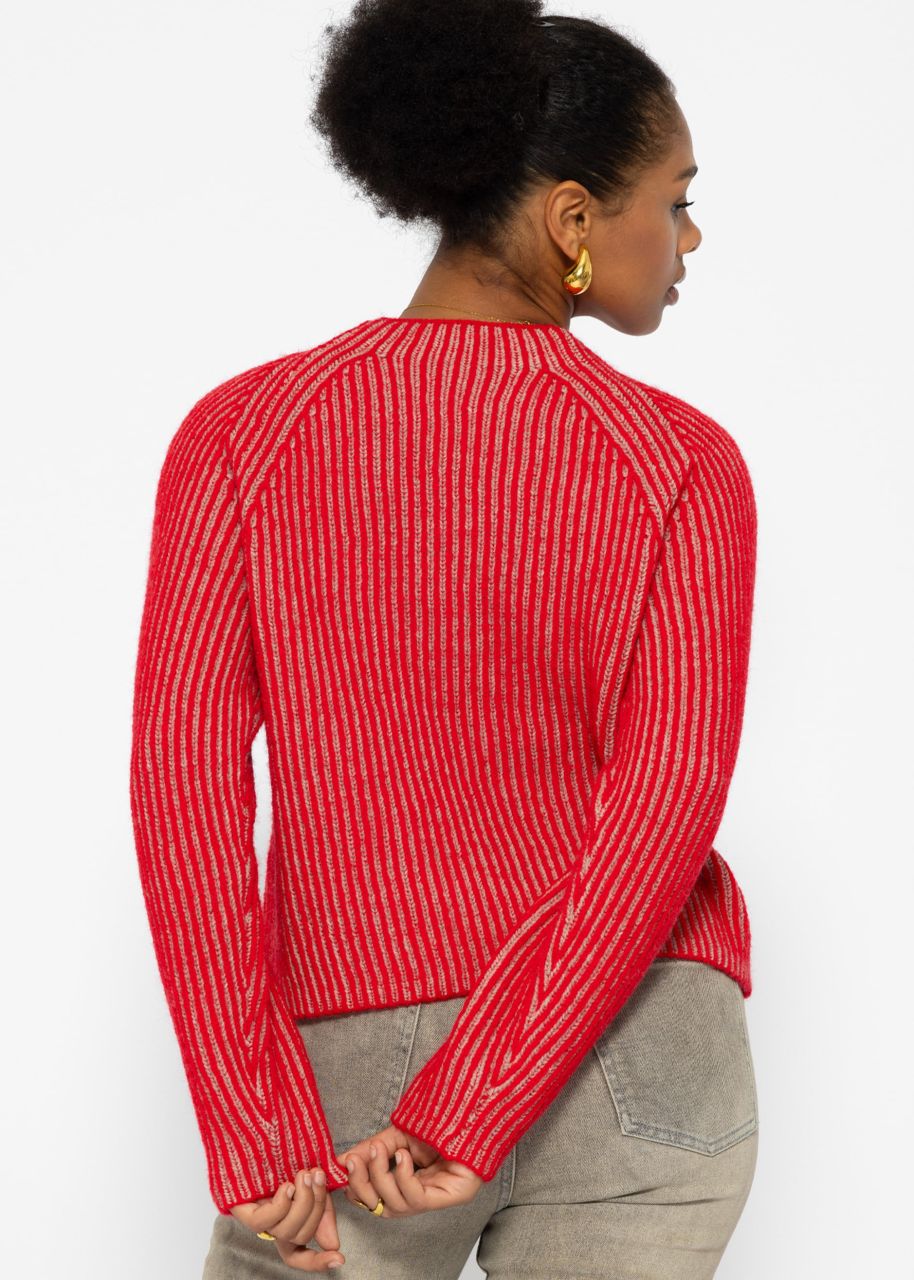 Two-coloured ribbed jumper - red-beige