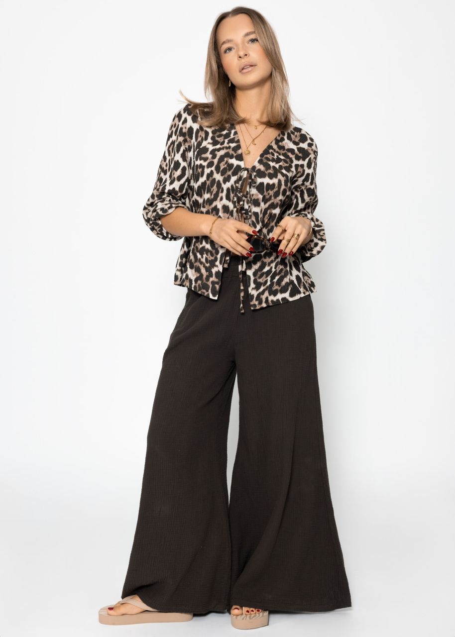 Muslin blouse jacket with tie ribbons in leo print - brown