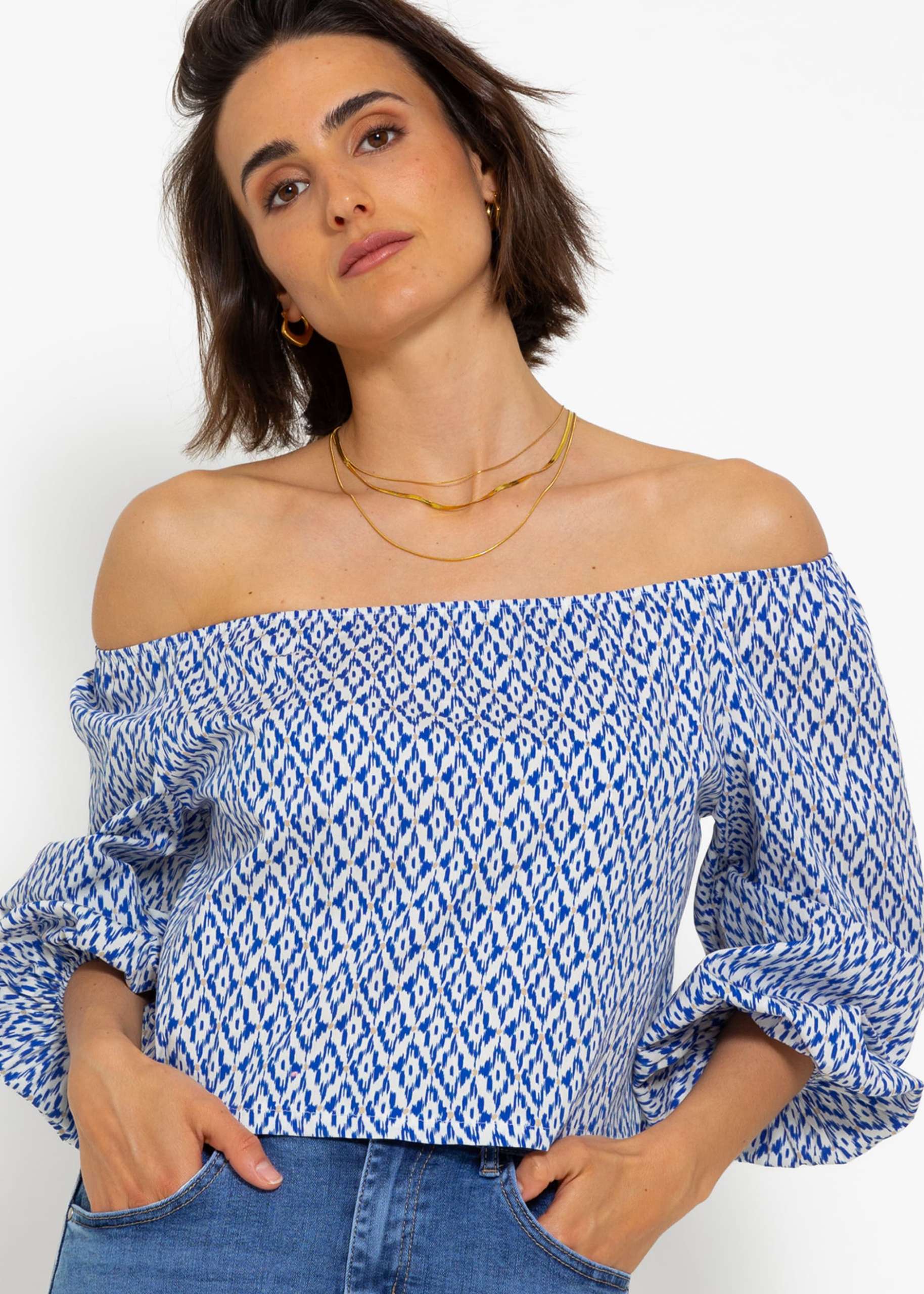 Off-the-shoulder blouse top with print - blue