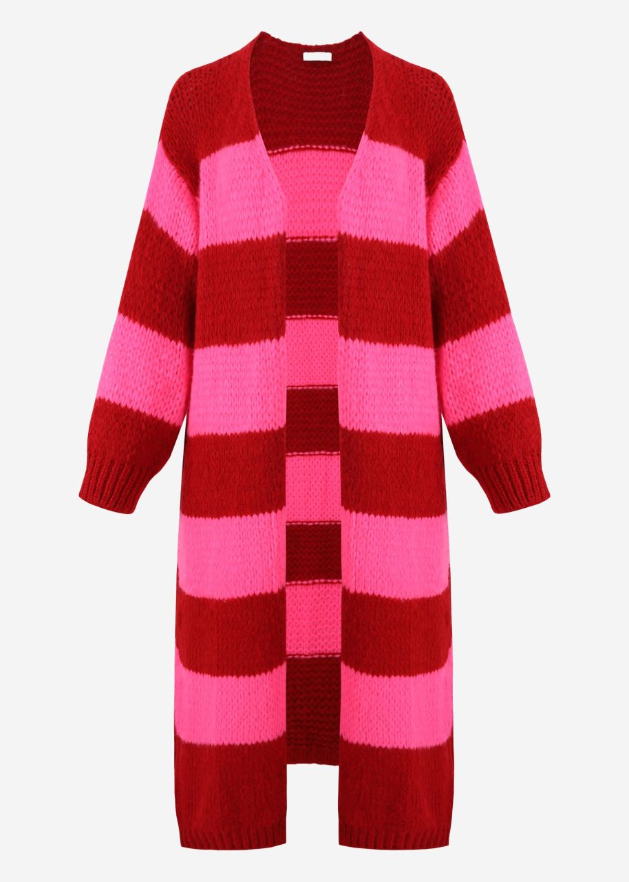 Extra long cardigan with block stripes - red-pink