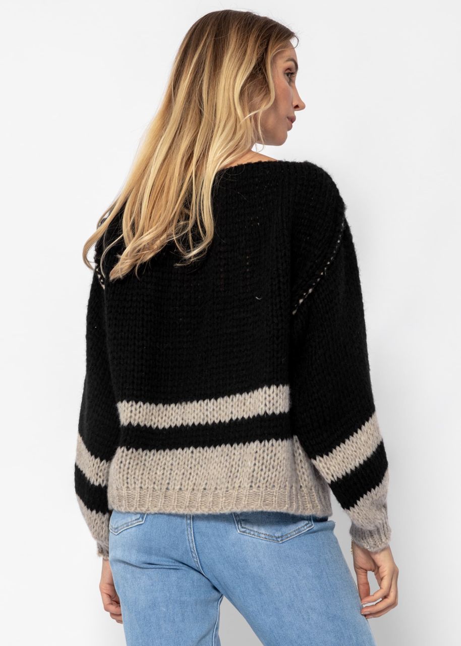 Jumper with striped hem - black-beige