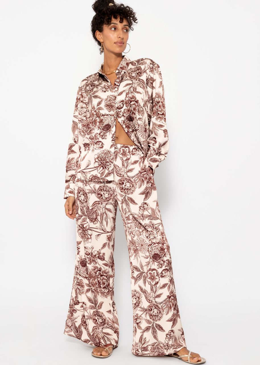 Satin pants with print - offwhite-wine red