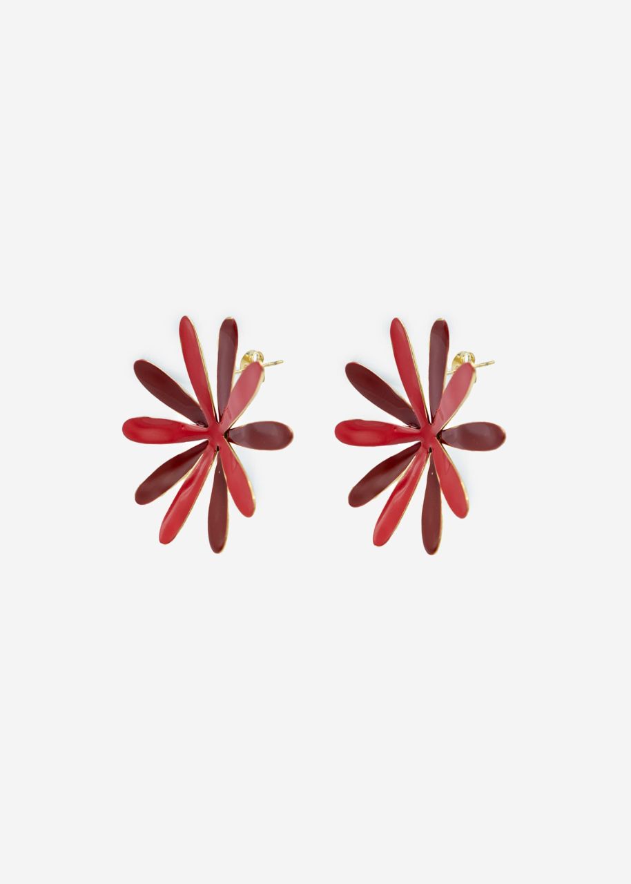 Stud earrings with red flower - gold