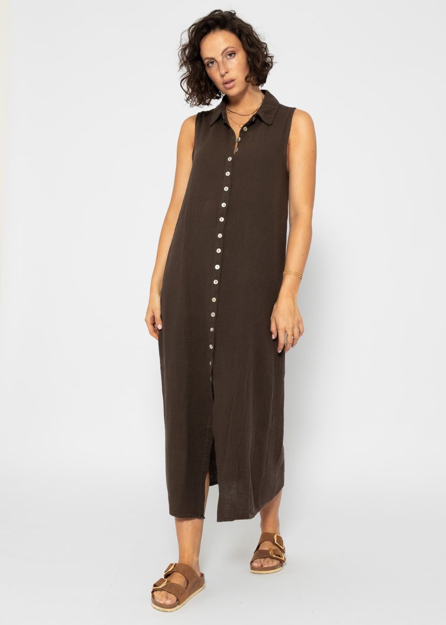 Long sleeveless muslin dress - espresso