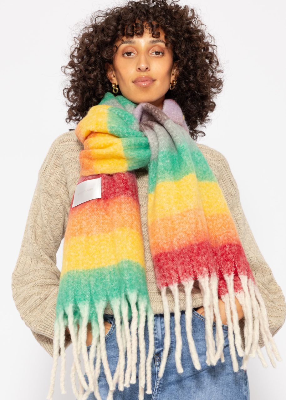 Striped fluffy scarf - yellow-red-green