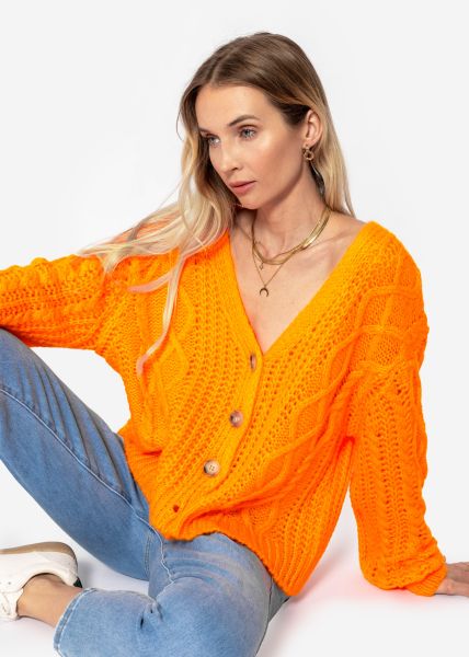 Oversized cardigan with cable knit pattern - tangerine