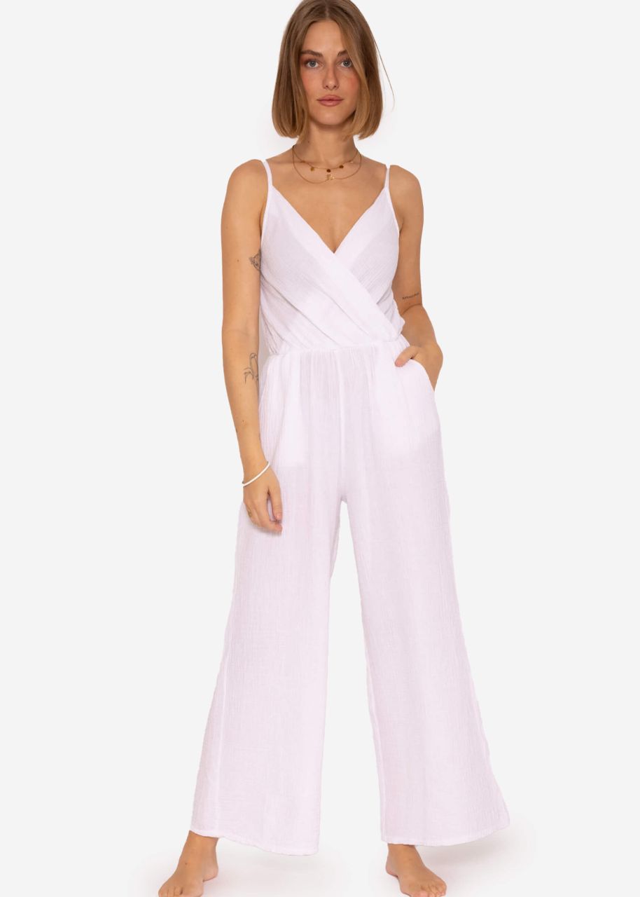 Muslin jumpsuit with wide leg, white