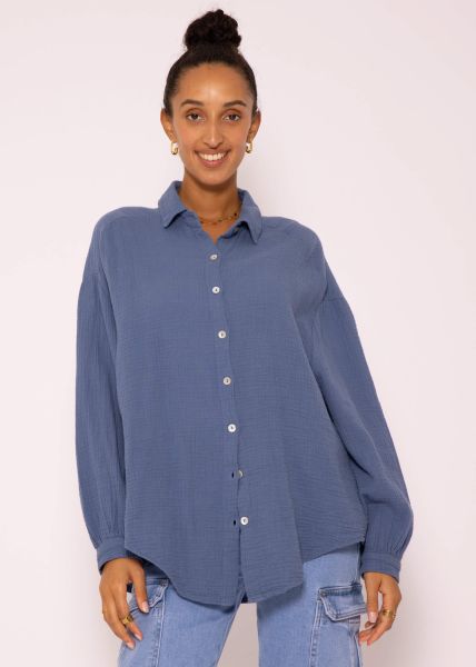 Muslin blouse oversize, short, denim blue