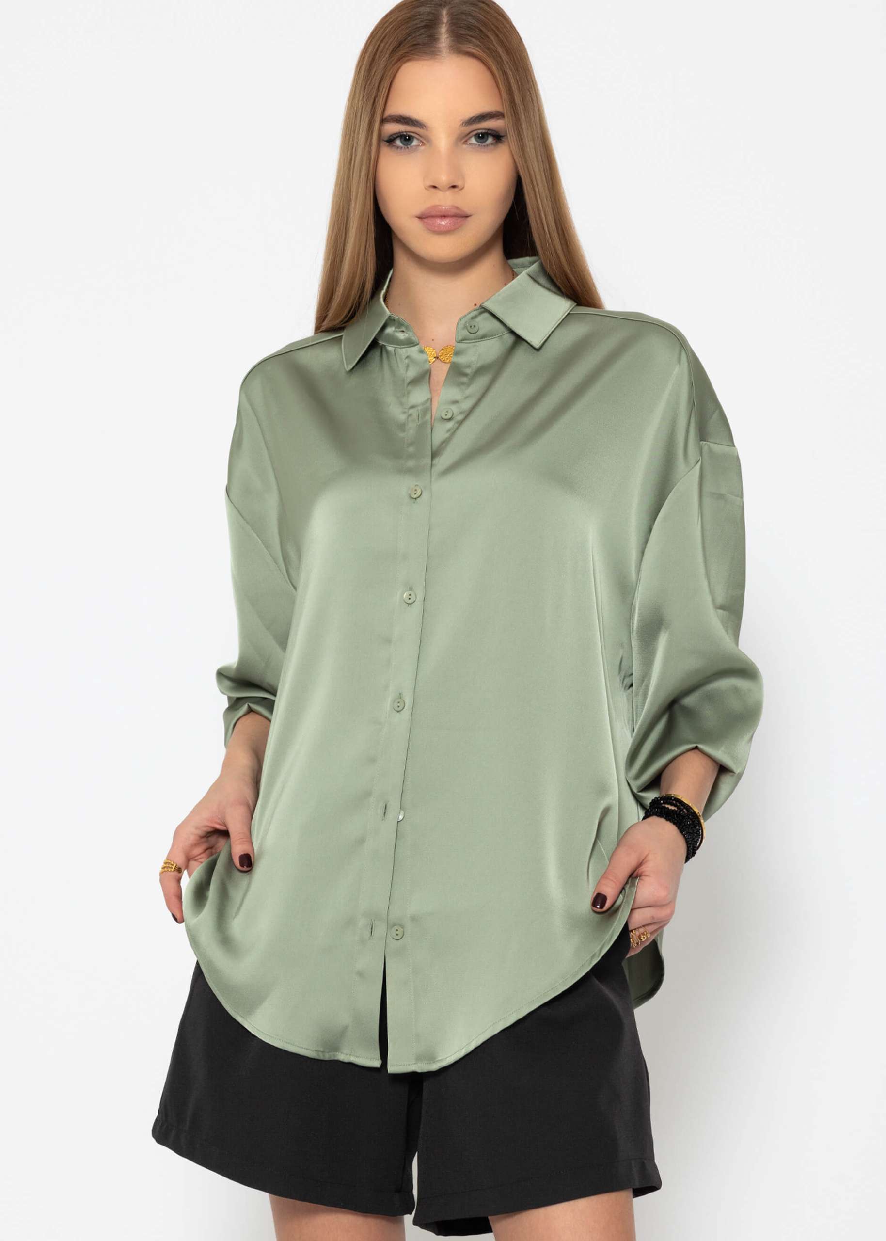 Oversized satin blouse in sage green