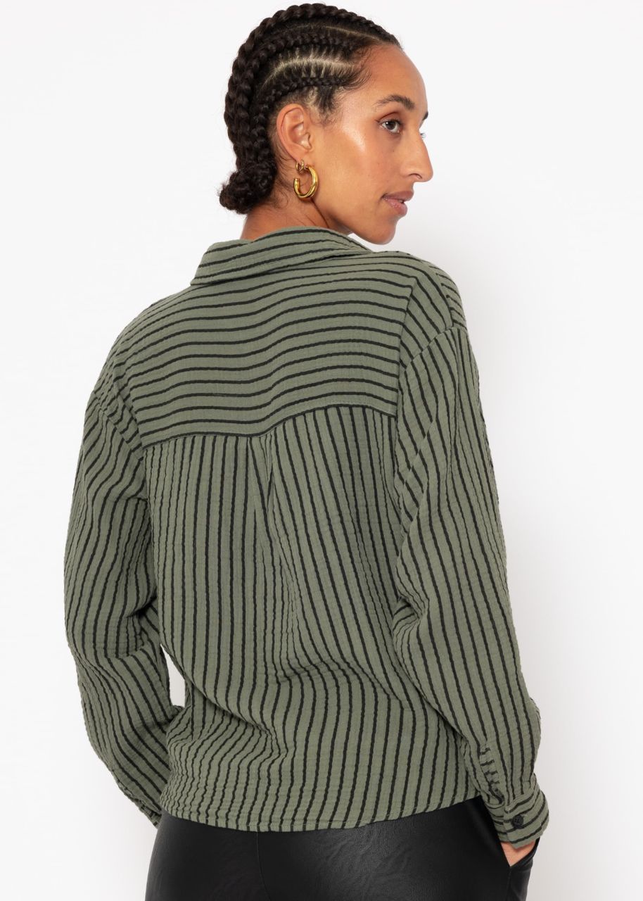 Striped muslin blouse with knot - khaki-black