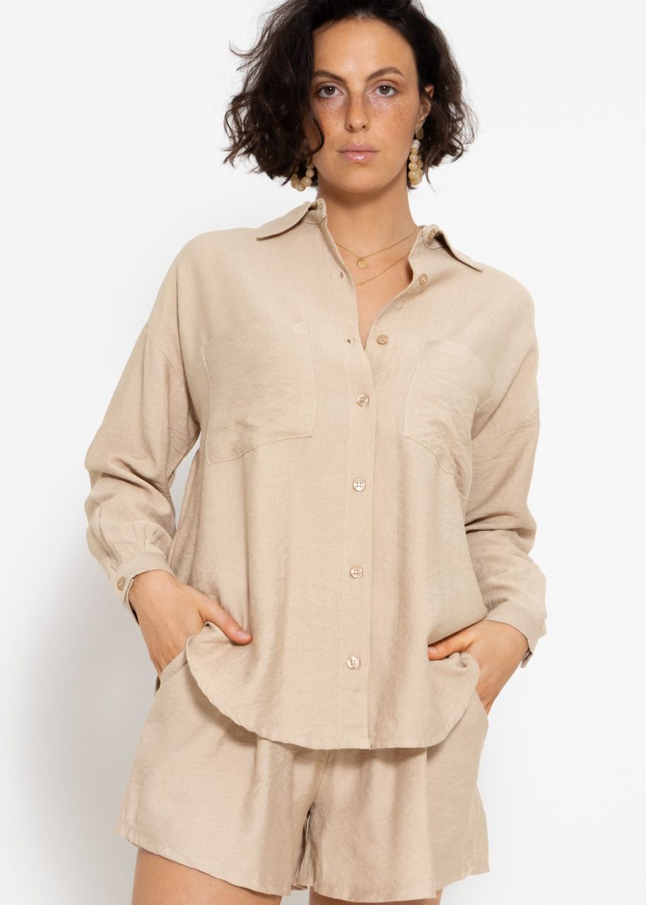Oversize viscose blouse with patch pockets - beige