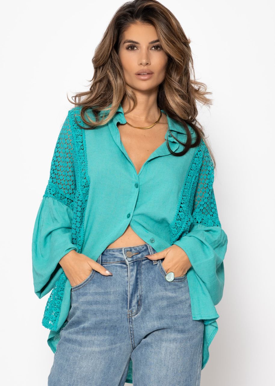 Linen blouse with lace - turquoise