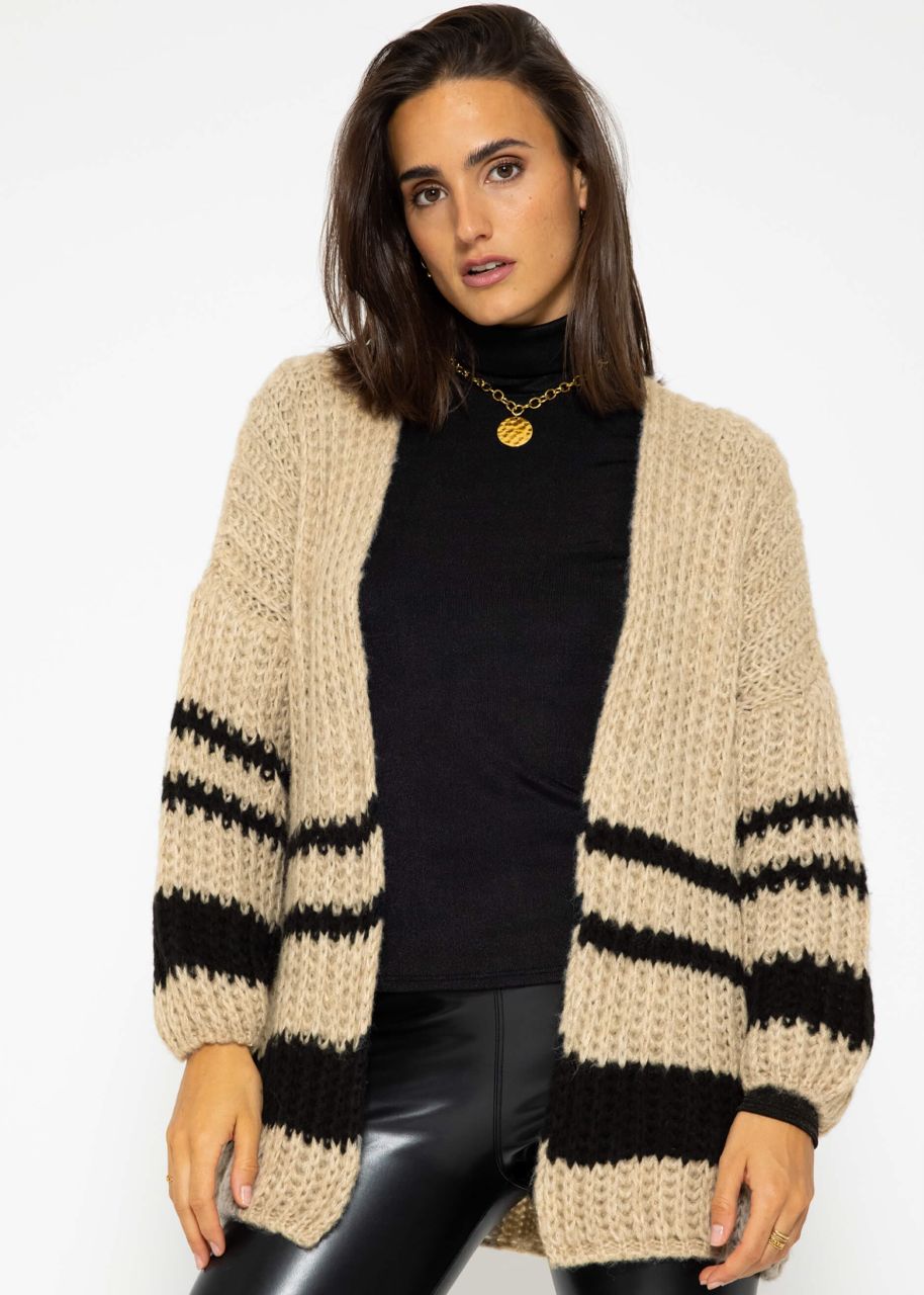 Knitted cardigan with black stripes - beige