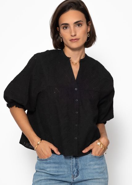 Lace blouse with short balloon sleeves - black