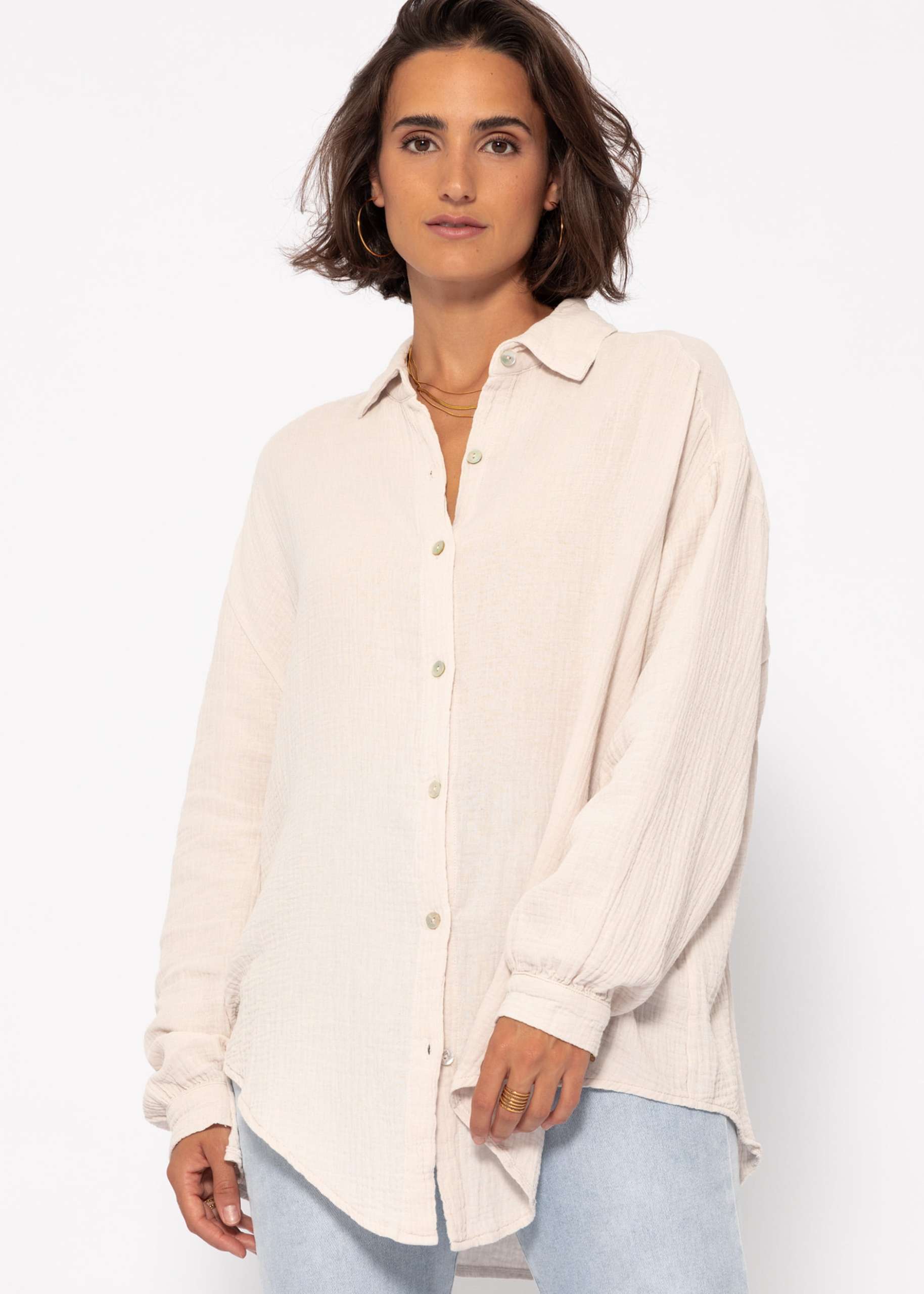 Muslin blouse oversize, short, light beige