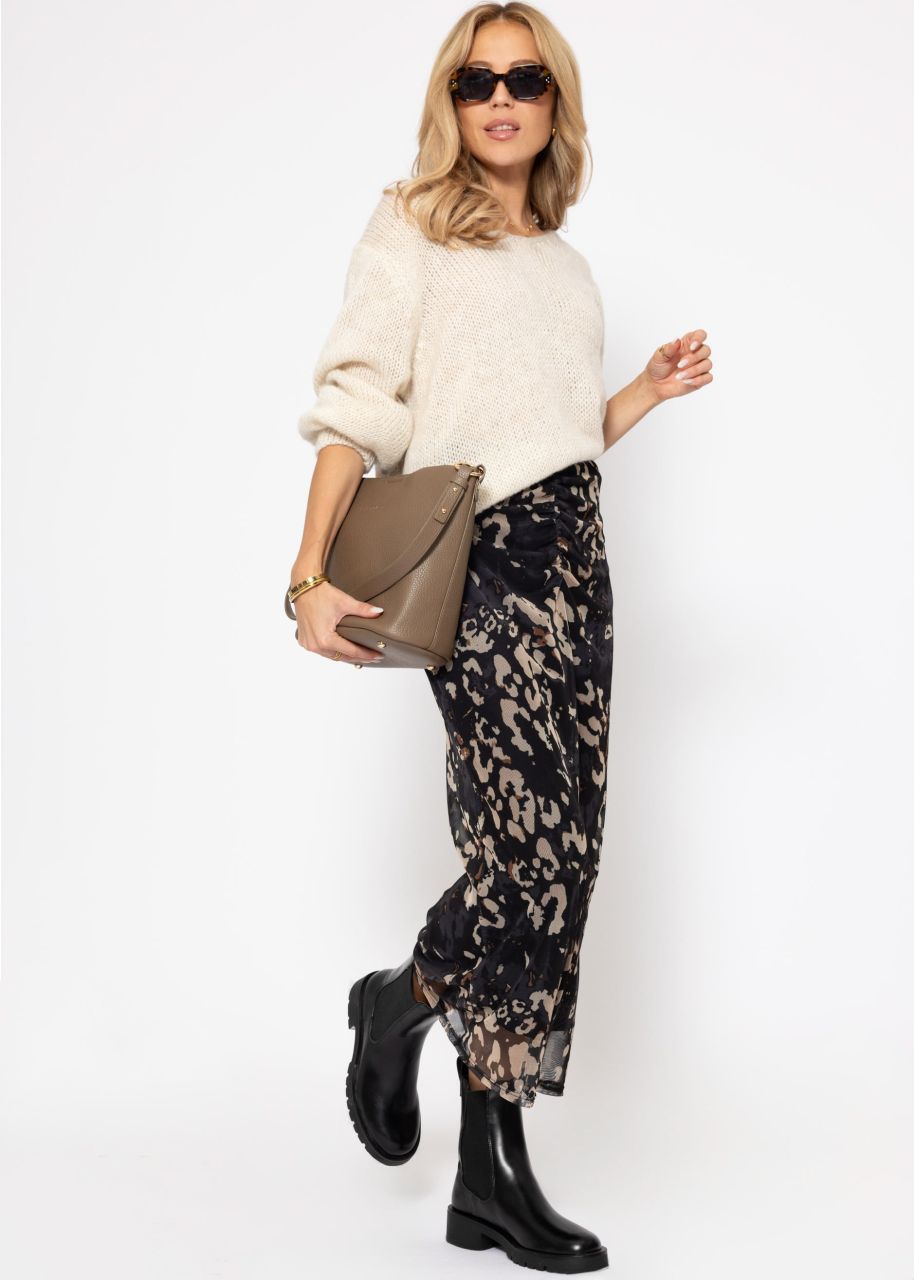 Long mesh skirt with leopard print - black-beige