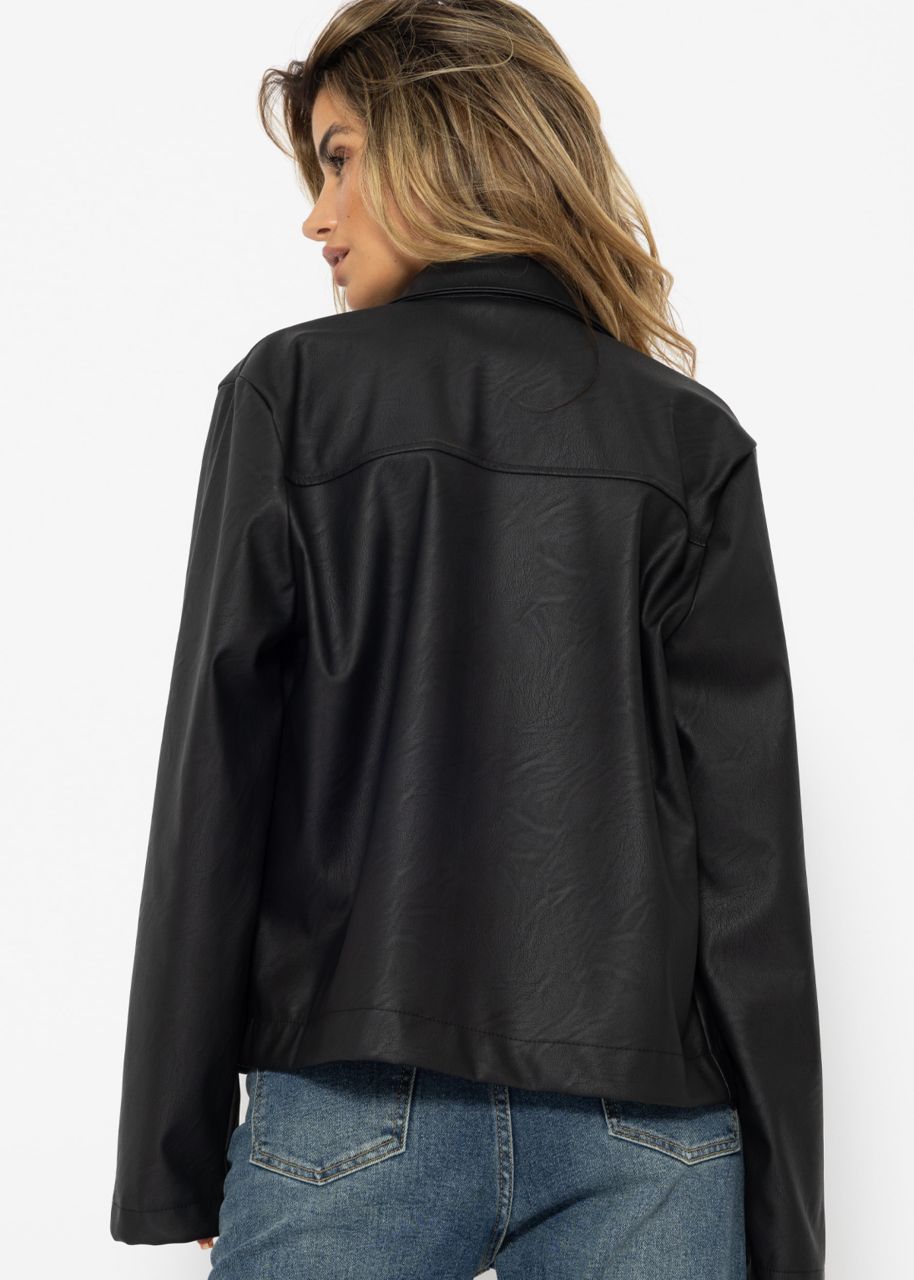 Faux leather blouse shirt with breast pockets - black