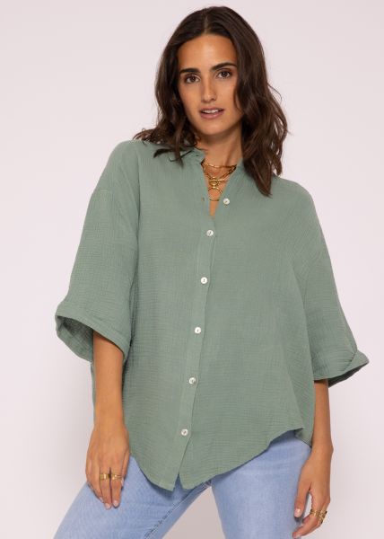 Muslin blouse oversize short sleeve, short, green