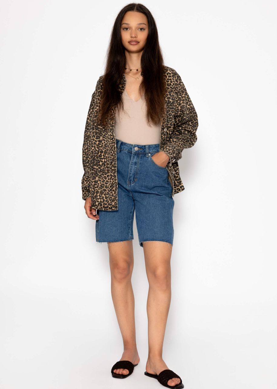 Denim shirt jacket with leopard print - beige