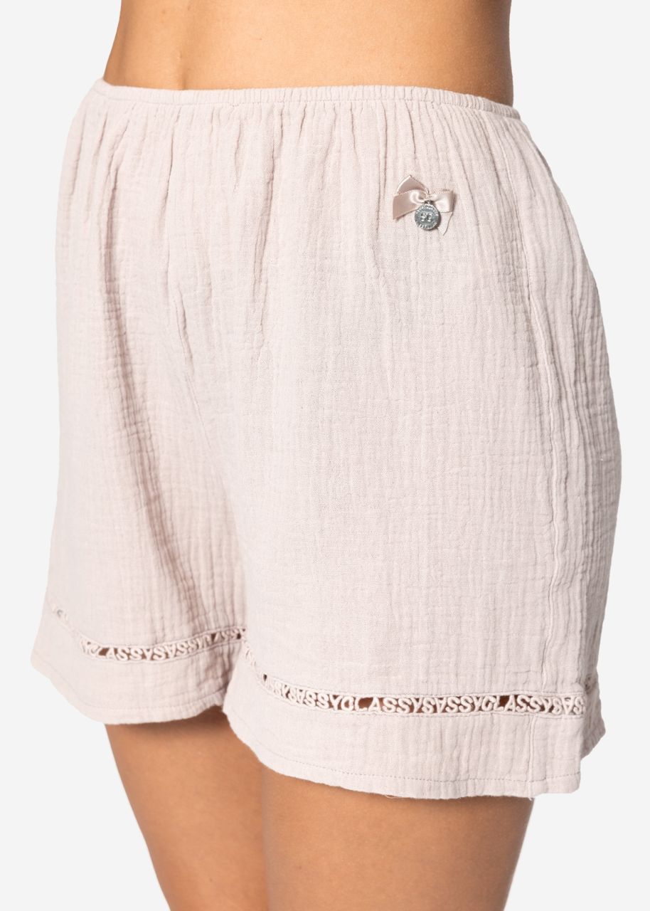 Muslin pyjama shorts with lace trim - dusky pink