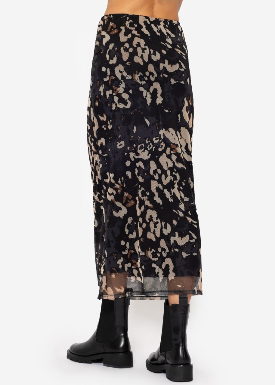 Long mesh skirt with leopard print - black-beige