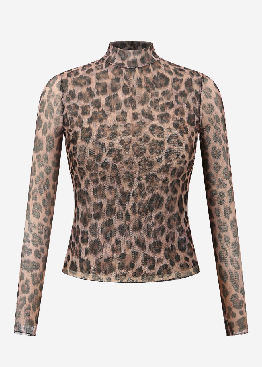 Mesh long sleeve shirt with leo print - brown