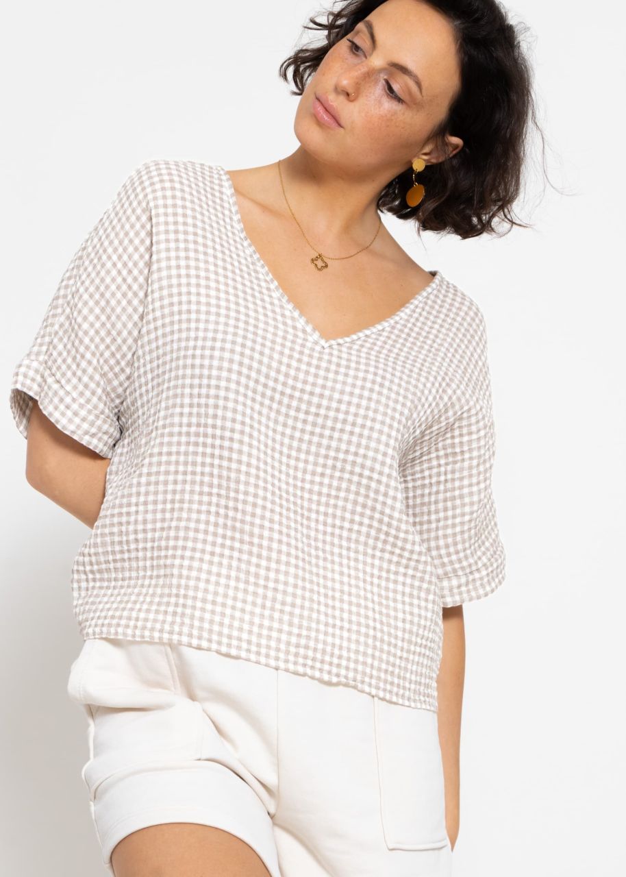 Muslin shirt with Vichy print - taupe-white