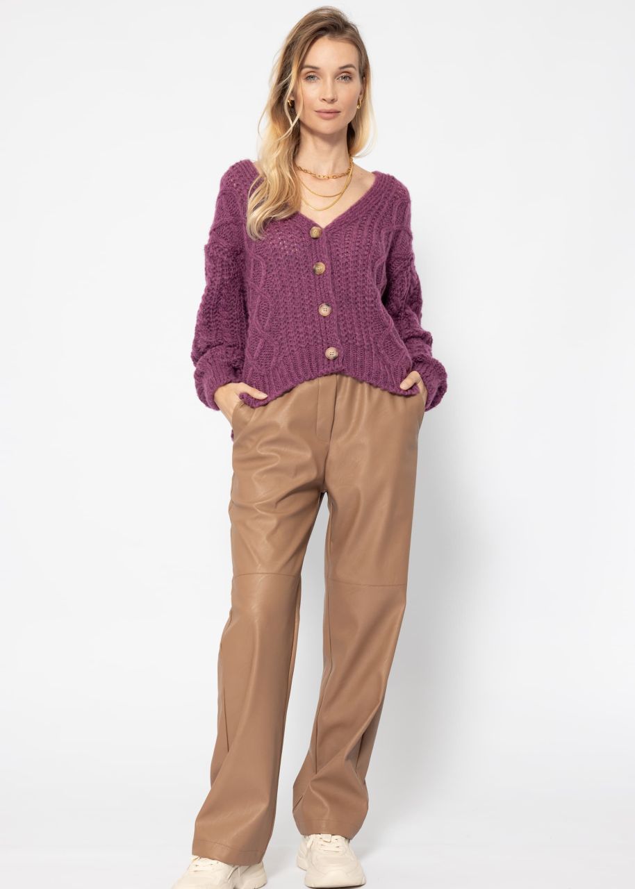 Oversized cardigan with cable knit pattern - aubergine