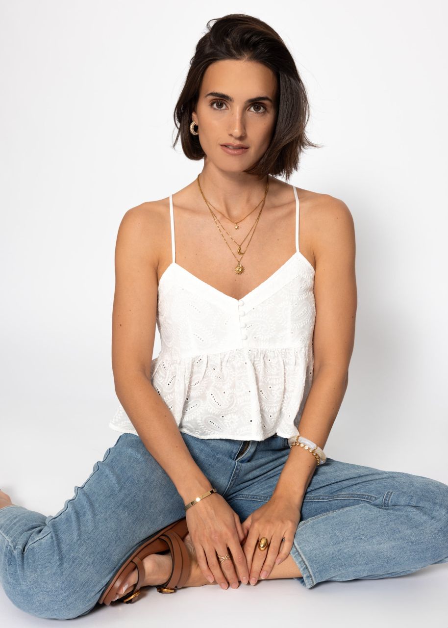 Top with flounce and eyelet embroidery - white
