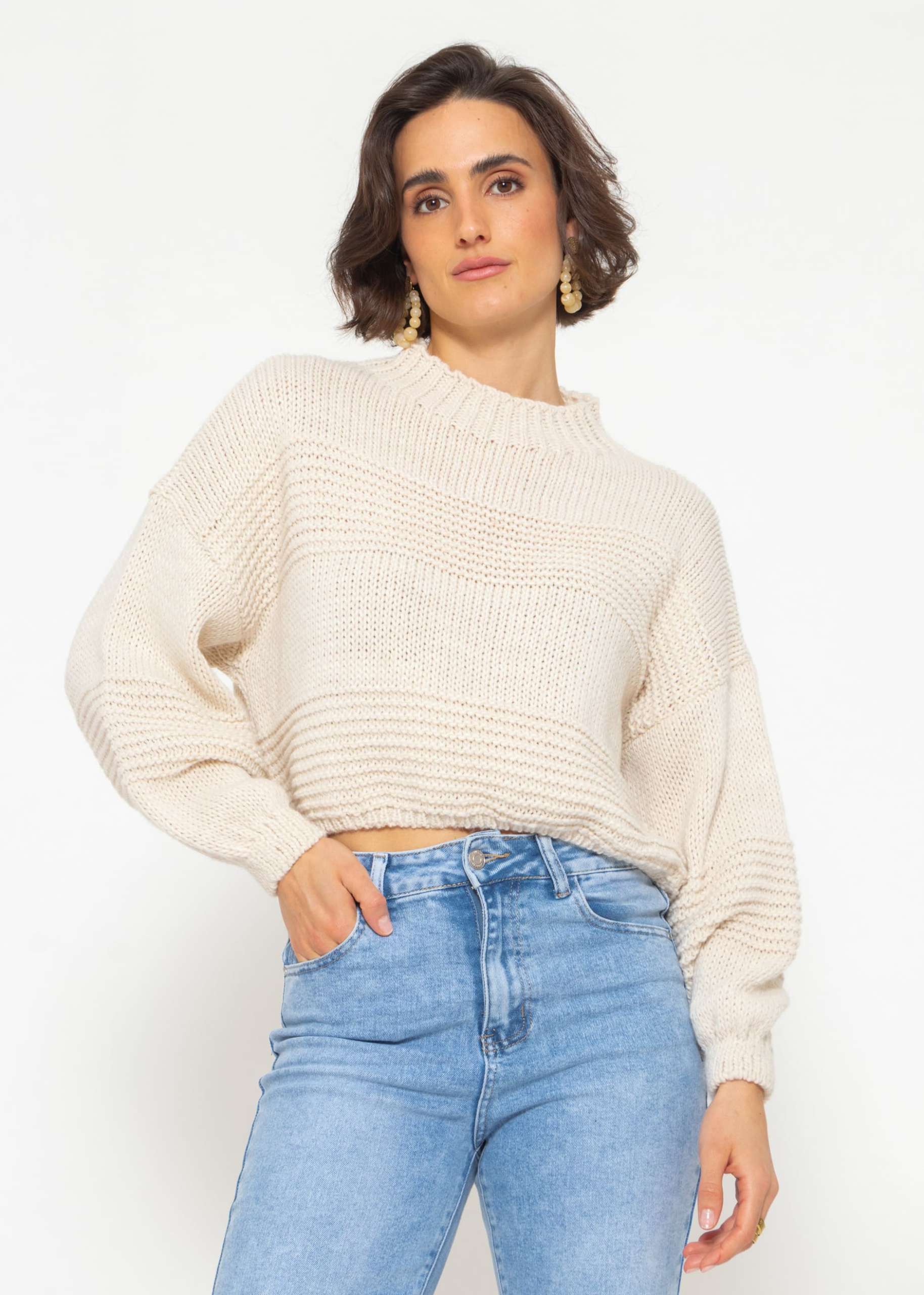 Crop knit sweater with texture - offwhite