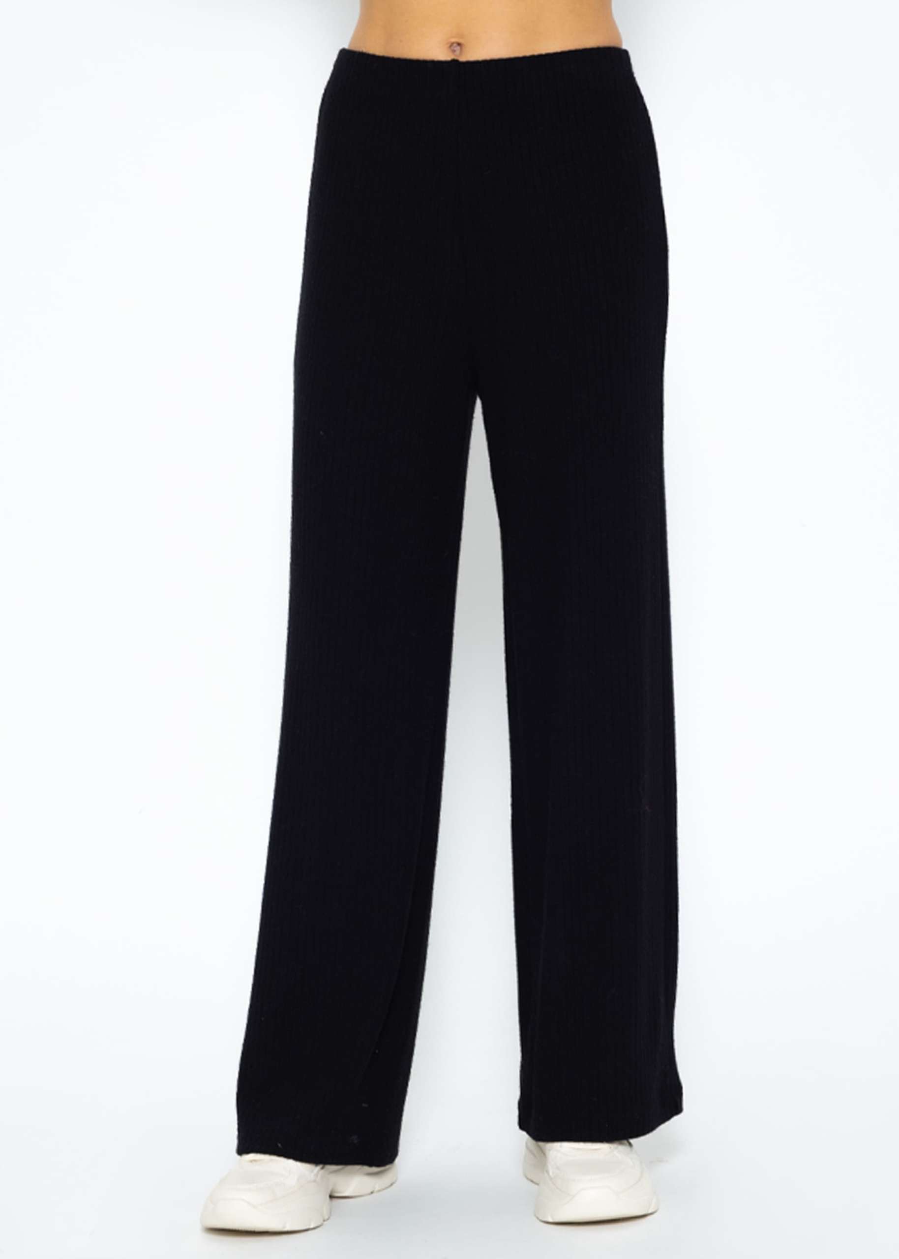 Wide leg ribbed trousers - black