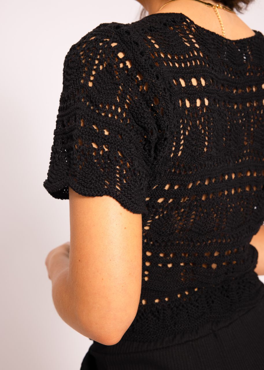 Crochet shirt with gathering, black