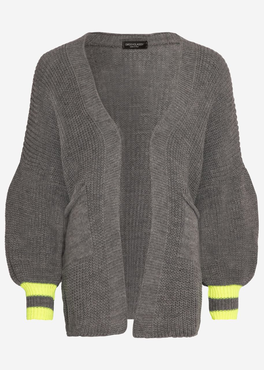 Knitted cardigan with yellow stripes - light grey