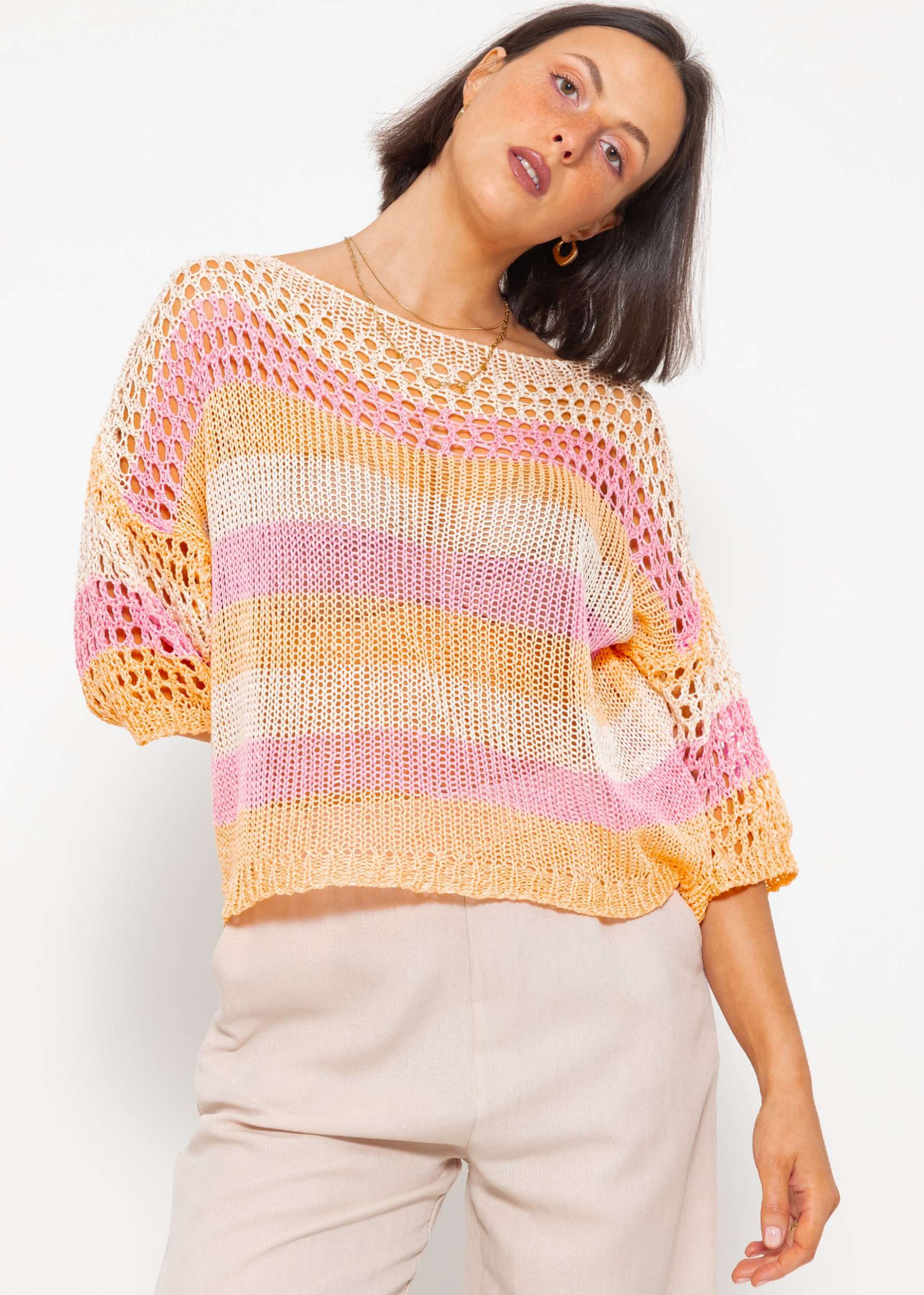 Chunky short sleeve sweater - pink-peach-beige