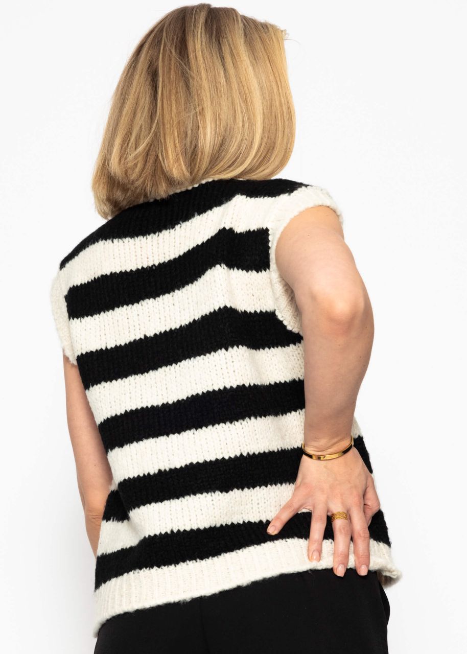 Striped pullover with V-neck - black