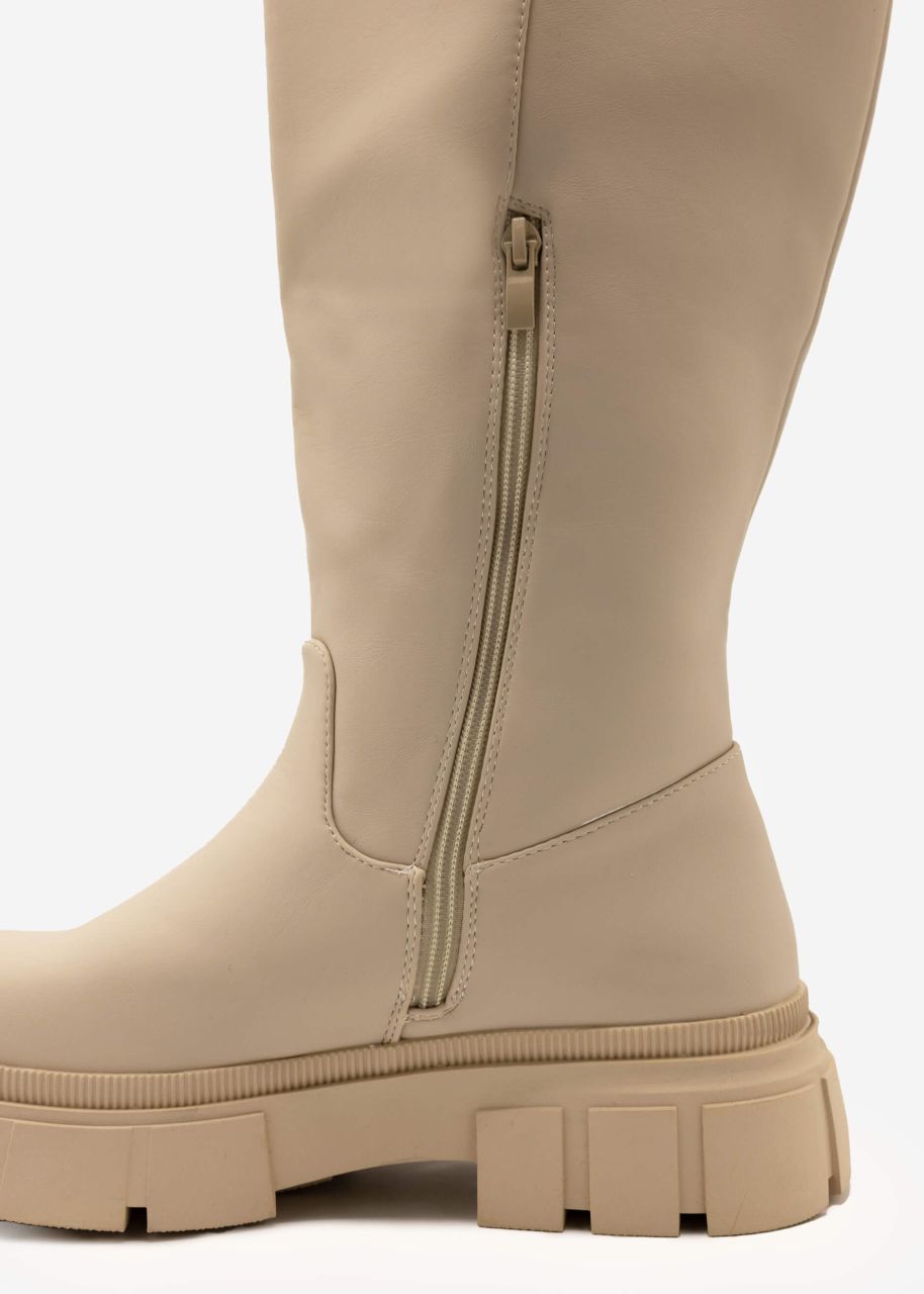 Knee high boots with tabs, light beige