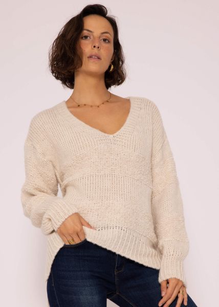 Knitted jumper with V-neck, offwhite