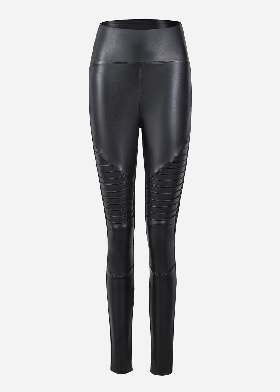 High-rise thermal biker leather leggings - black