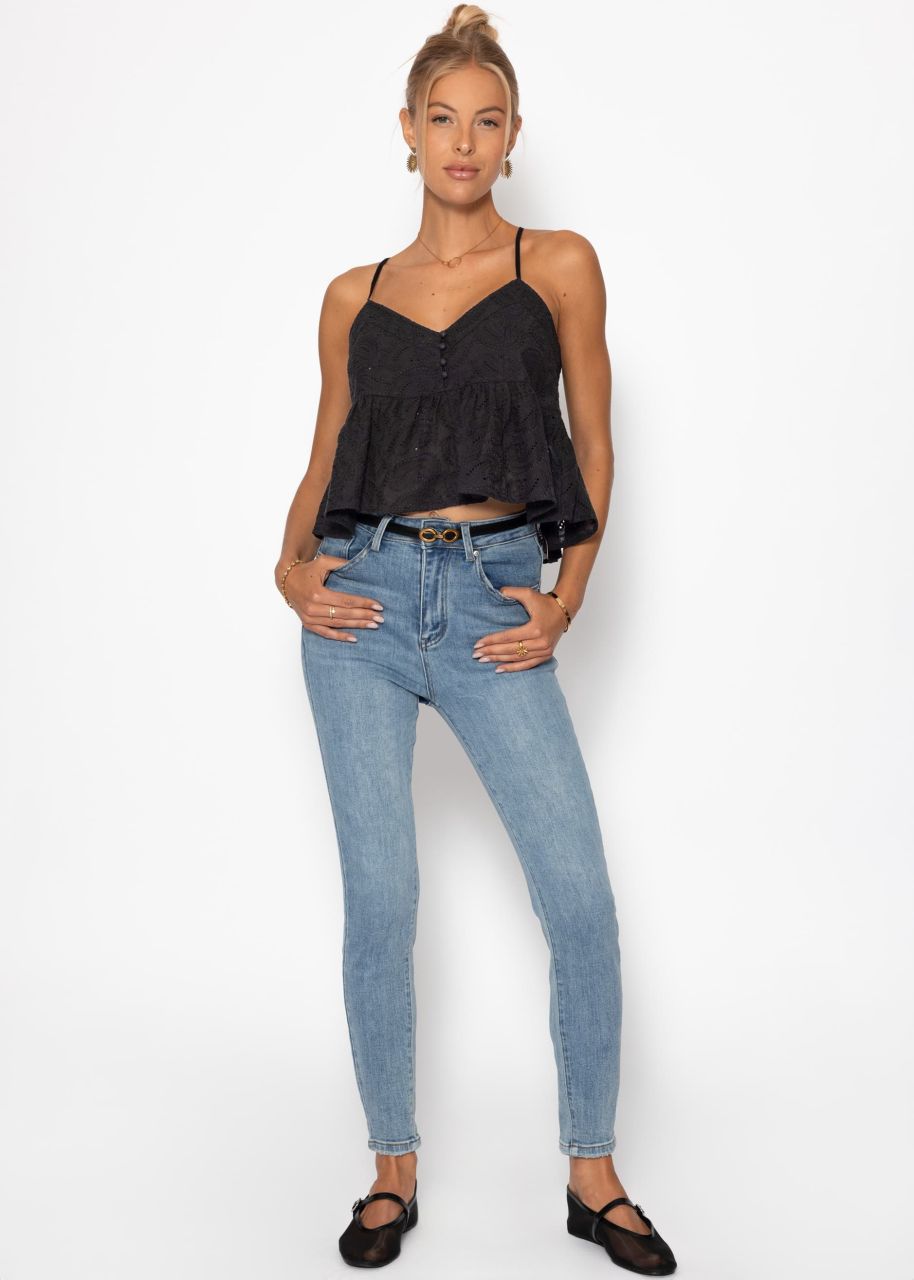Top with flounce and eyelet embroidery - black