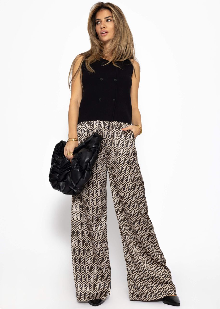 Wide trousers with geometric print and elastic waistband - beige