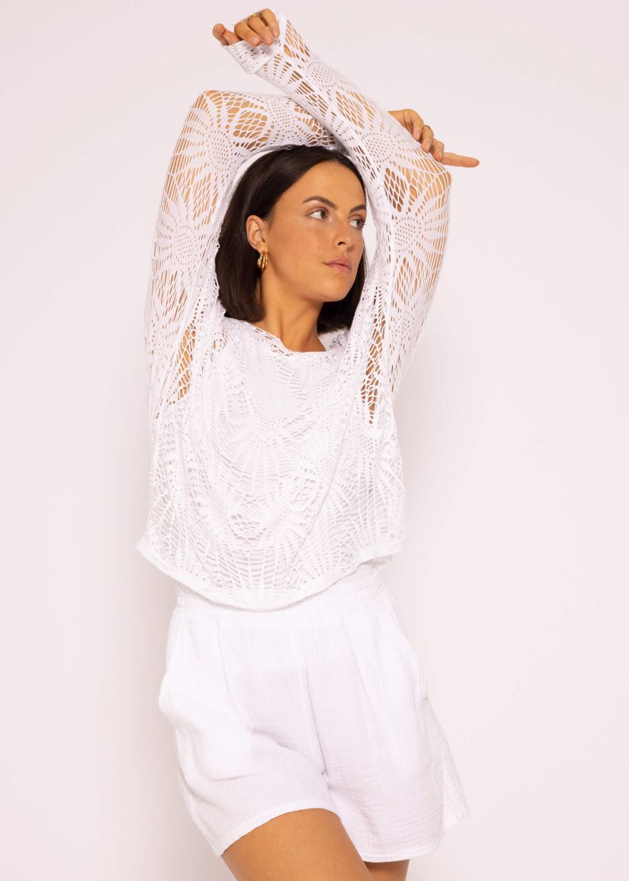 Long-sleeved shirt with lace pattern, white