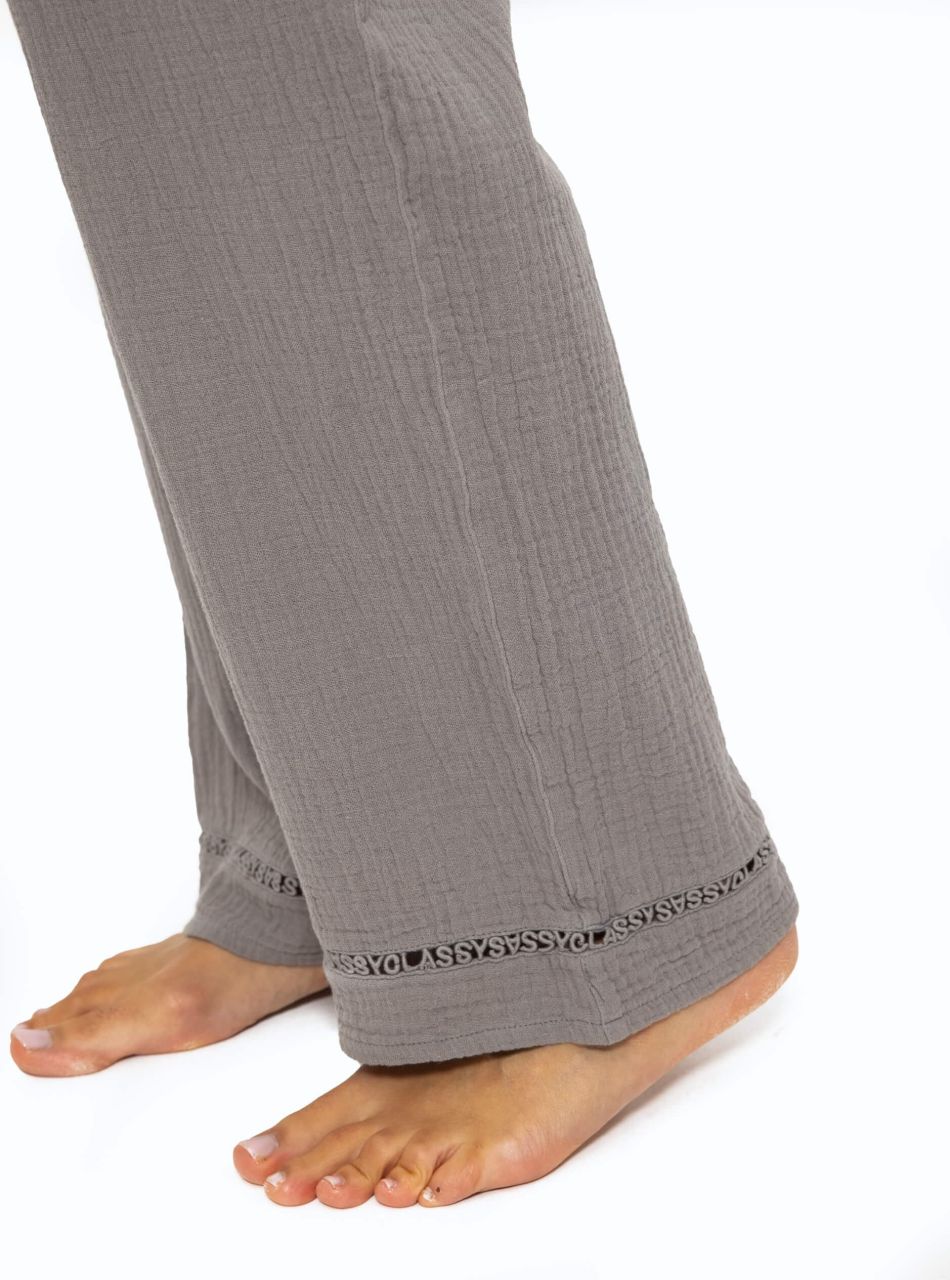 Muslin pyjama bottoms with lace trim - taupe