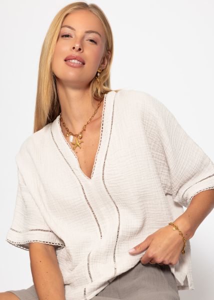 Muslin blouse with lace insert - light beige