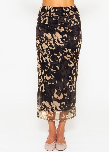 Long mesh skirt with leopard print - black-beige
