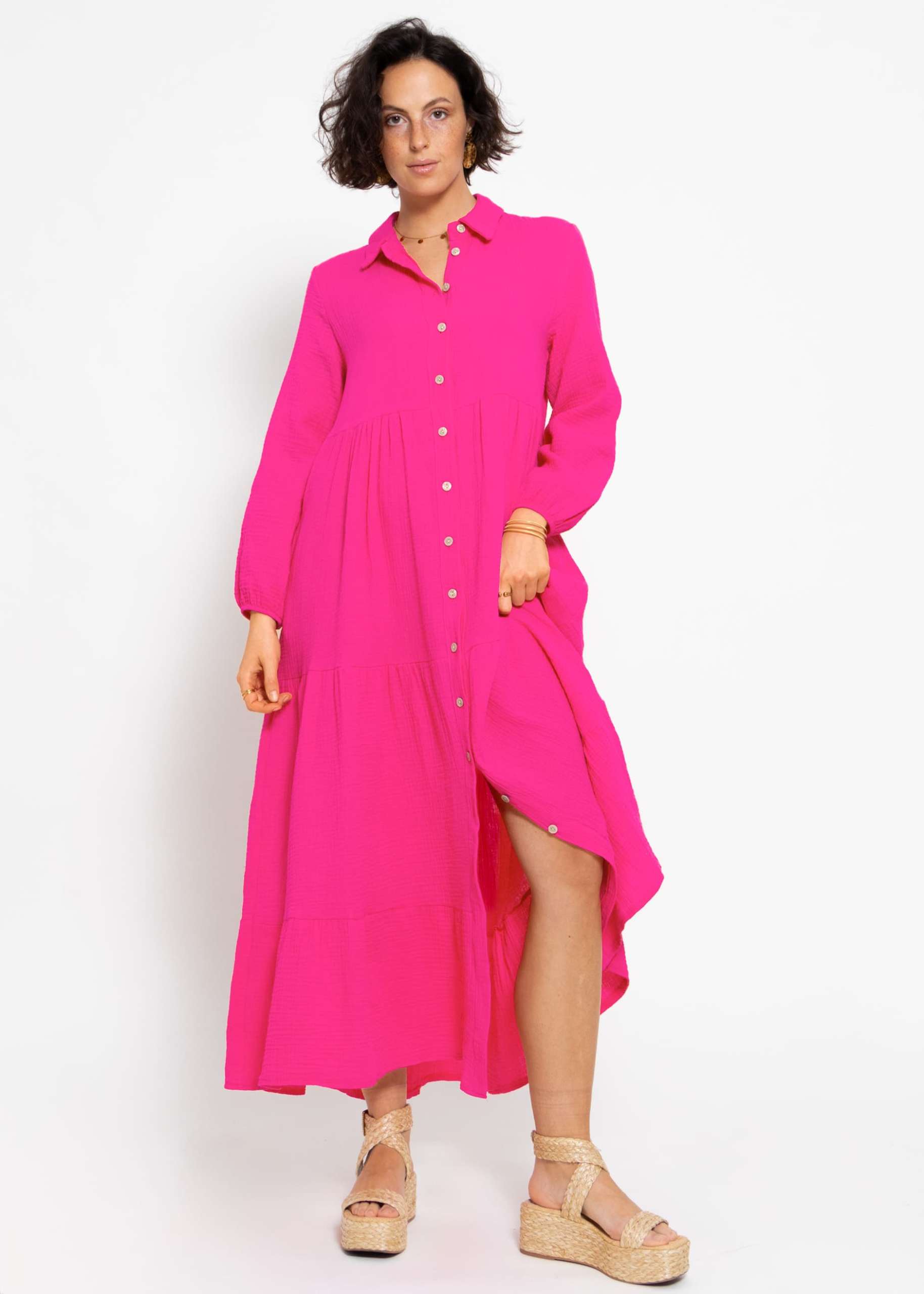 Muslin maxi dress with flounces - pink