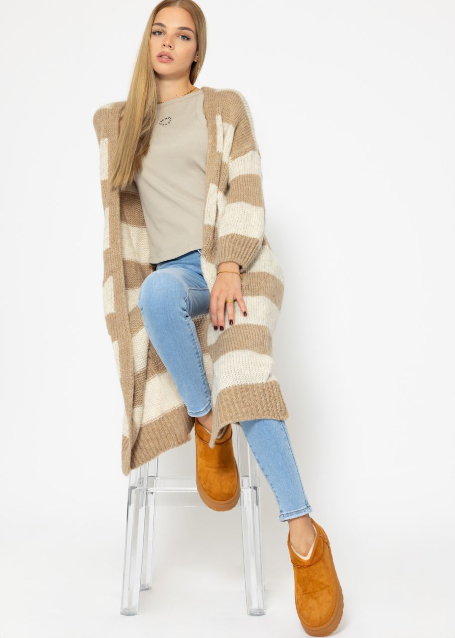 Extra long cardigan with stripes - beige-offwhite